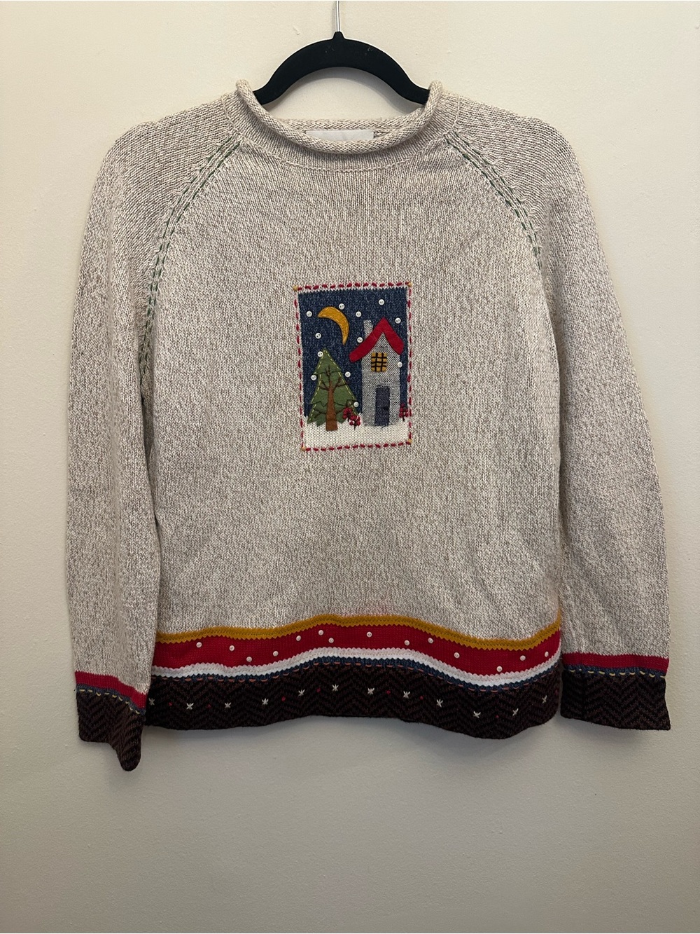 Vtg 2001 Susan Bristol S Hand Embroidered Winter Cottage Sweater Ramie Holiday